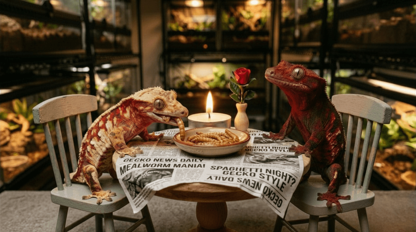 Two crested geckos on a candlelit dinner date — Lady and the Tramp style with mealworms